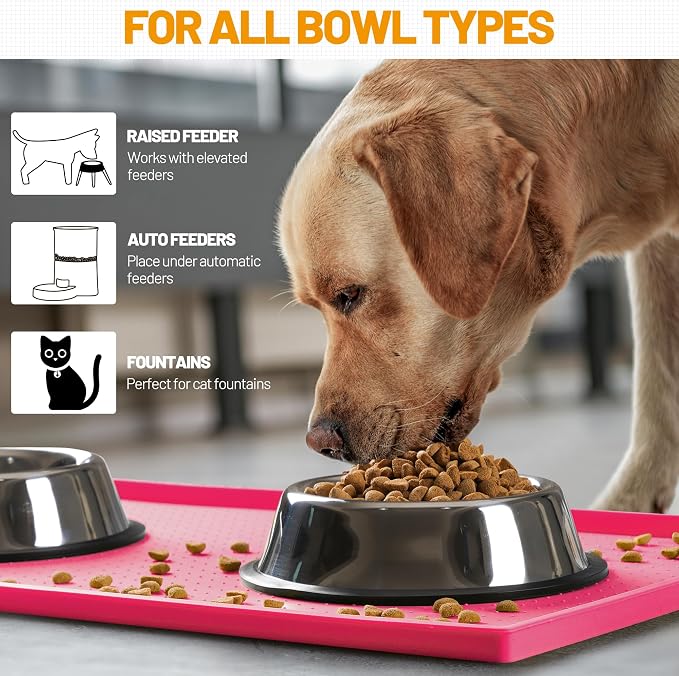 Hubulk Dog Feeding Mat,100% Waterproof Food Grade Silicone Pet Food and Water Bowl Placemat,Dishwasher, High Raised Edge to Prevent Spills,Nonslip Tray to Stop Messes on Floor（28"x18"x0.8", Pink）
