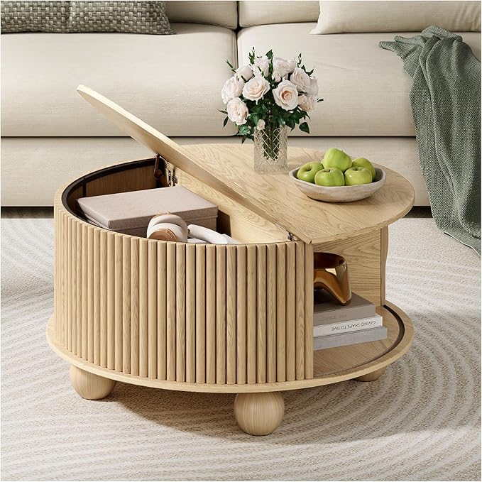 Round Coffee Table with Storage,Fluted Lift Up Coffee Table with Sliding Door,31.5" Drum Center Table with Bun Feet for Living Room,Home Small Space,Oak