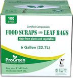 ProGreen Compostable Trash Bags, Extra Thick, Compost Kitchen Bin Bags, Food Scraps Yard Waste Bags, ASTM D6400 BPI and TÜV AUSTRIA Certified (6 Gallon, Pack of 100)