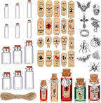 Newtay 53 Pcs Halloween Mini Potion Bottles Set Including 12 Decorative Glass Bottles with Cork Stoppers 20 Creepy Apothecary Bottle Labels Stickers 20 Charms Pendants 1 String (5/6/7/12 ML,Stylish)