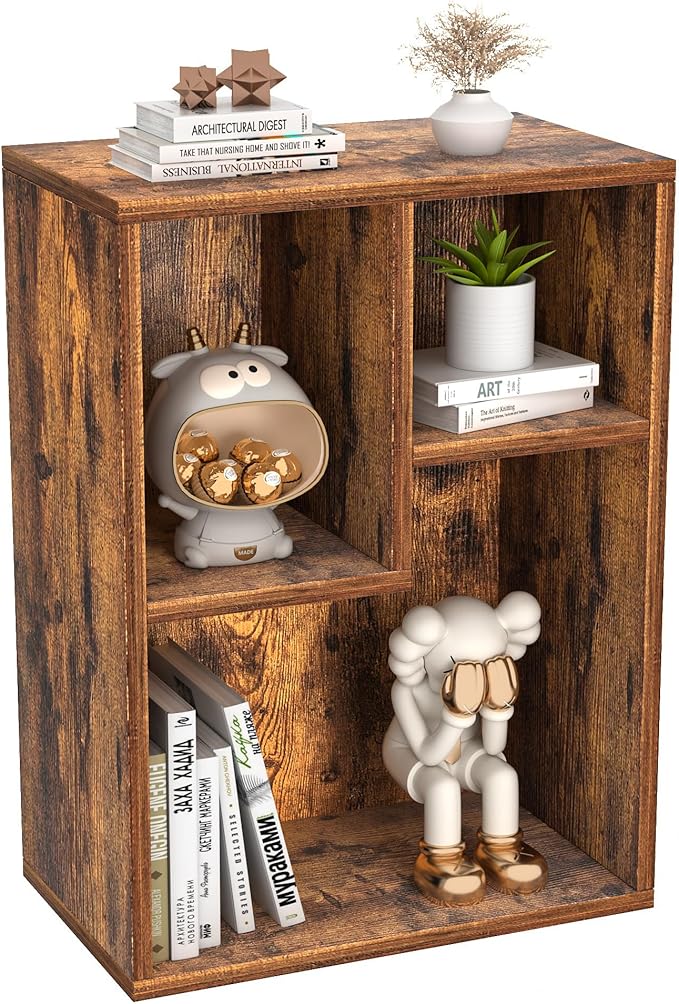 VECELO 3-Cube Small Bookshelf, Modern Bookcases with Shelves Height Up to 12.8 Inches, Suit for Common Size TextBook, Vertical or Horizontal, Cubby Storage Organizer,Rustic Brown