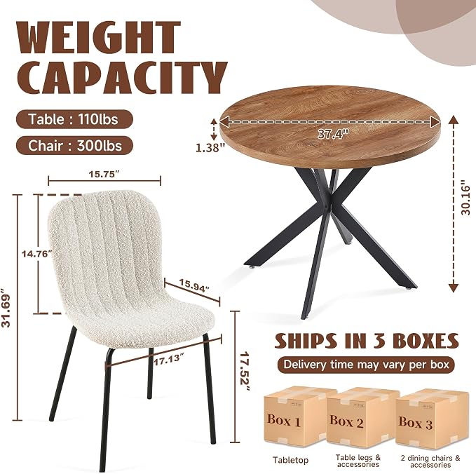 37 Inch Round Dining Table Set for 4, Modern Small Circle Kitchen Coffee Set for Apartment Living Room Office, Save Space(1 Imitation Wooden Table + 4 White Boucle Chairs)