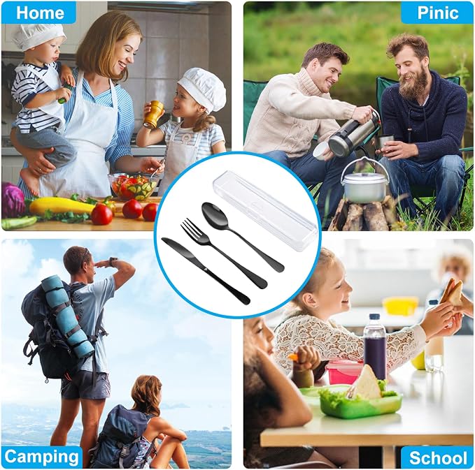 4PCS Premium Travel Utensils With Case, Stainless Steel Reusable Portable Utensils Set With Case, Lengnoyp Travel Silverware Set With Case for Lunch Box Includ Fork Spoon Knife Set, Black
