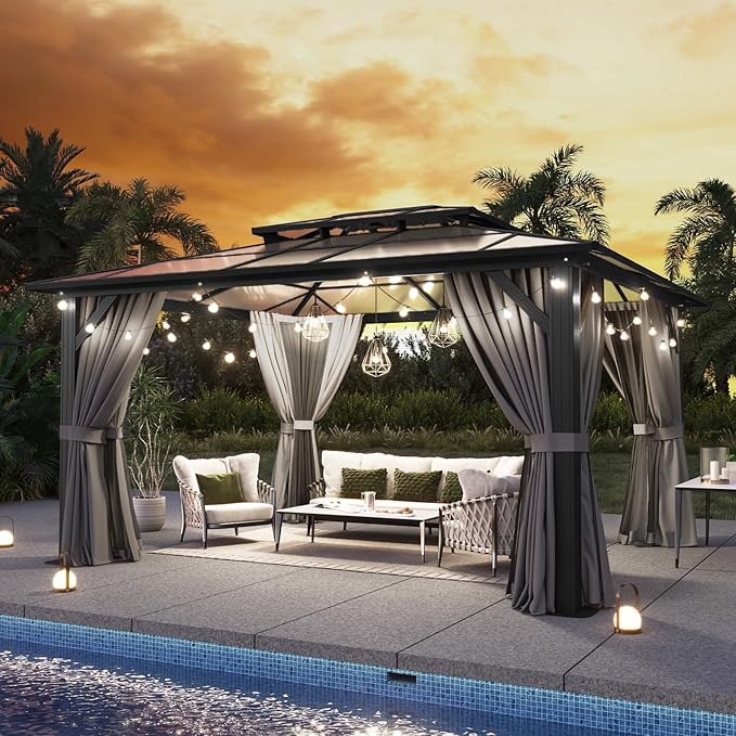Aoxun 12'x14' Hardtop Gazebo, Aluminum Frame Permanent Pavilion with Curtains and Netting, Outdoor Polycarbonate Double Roof Canopy, Designed for Garden, Lawns, Patio, Gray