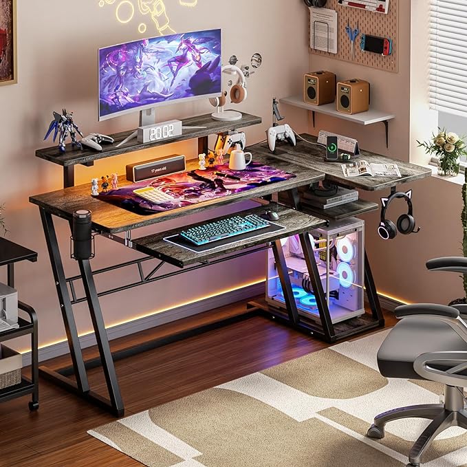 armocity L Shaped Gaming Desk with LED Lights and Outlets, PC Gaming Desk with Monitor Stand and Shelves, Reversible Gaming Computer Desk with Keyboard Tray & Z-Shape Legs, Grey Oak, 47"