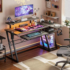 armocity L Shaped Gaming Desk with LED Lights and Outlets, PC Gaming Desk with Monitor Stand and Shelves, Reversible Gaming Computer Desk with Keyboard Tray & Z-Shape Legs, Grey Oak, 47"