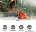 COOCHEER 62CC Gas Chainsaw 20 Inch, 3.5 HP 2-Stroke Chainsaw Gas Powered with Carrying Bag & Tool Kit, Chainsaws for Wood Cutting, Tree Trimming, Farm Use (Orange-Red)