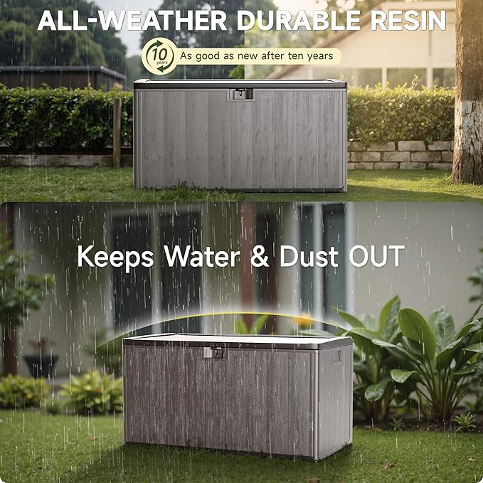120 Gallon Resin Deck Box, Double Layer Waterproof & Outdoor Indoor Lockable Storage Box for Patio Furniture Cushions Garden Tools (Brown)