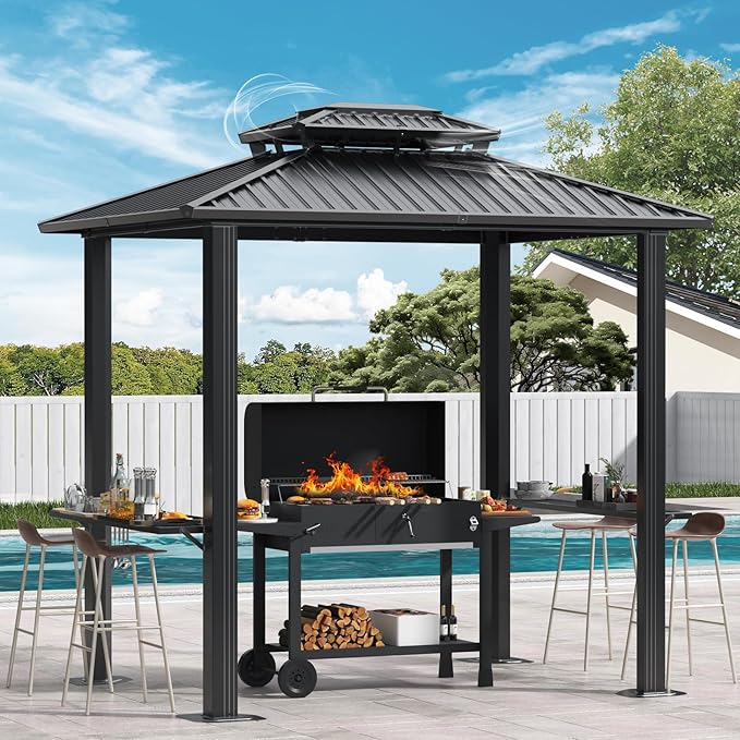 Hoteel 6x8ft Hardtop Grill Gazebo, Outdoor Patio Aluminum Frame Barbecue Gazebo with Galvanized Steel Double Roof and 2 Side Shelves for Deck Lawn Backyard Garden and Party, Black(2025 Upgraded)