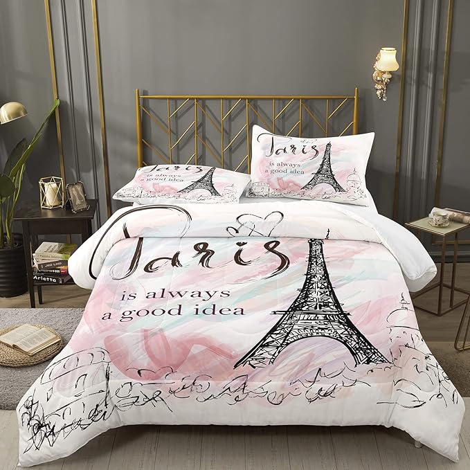 Bodhi Pink Comforter Set Twin,Paris Comforter Set for Girls,Cartoon Sketch Eiffel Tower Pink Bedding Set,Girls Pink Paris Bedding Set with Matching Pillowcase,Eiffel Tower Bedding Set