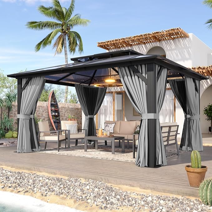 Aoxun 12'x14' Hardtop Gazebo, Aluminum Frame Permanent Pavilion with Curtains and Netting, Outdoor Polycarbonate Double Roof Canopy, Designed for Garden, Lawns, Patio, Gray
