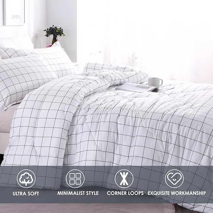 Andency White Grid Comforter Set Queen Size (90x90 Inch), 3 Pieces(1 Grid Comforter and 2 Pillowcases), Summer Lightweight Microfiber Down Alternative White Comforter with Black Lines