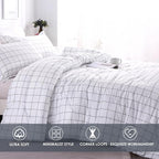 Andency White Grid Comforter Set Queen Size (90x90 Inch), 3 Pieces(1 Grid Comforter and 2 Pillowcases), Summer Lightweight Microfiber Down Alternative White Comforter with Black Lines