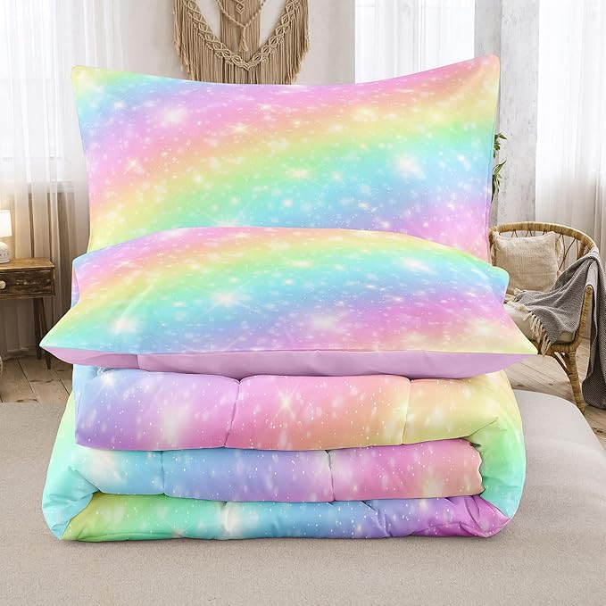 NINENINE Pink Rainbow Bedding Set Girls Bedding Set Queen for Teen Boys Women Soft Microfiber Stars Glitter Bedding Comforter Set -includes 1 Comforter with Matching Pillowcases