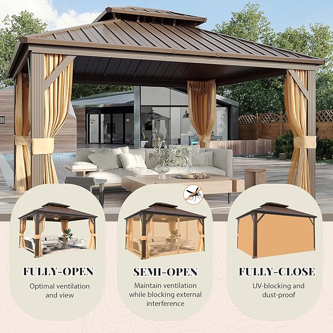 YOLENY 12' x 14' Gazebo, Hardtop Gazebo with Aluminum Frame, Double Galvanized Steel Roof, Curtains and Netting Included, Metal Gazebos Pergolas for Patios, Garden, Parties, Lawns