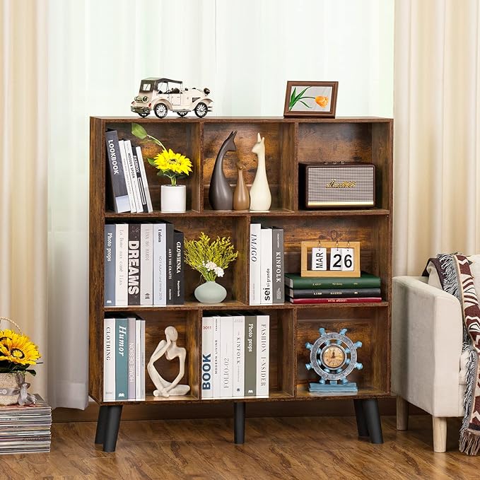 LEYAOYAO 8 Cube Bookshelf,3 Tier Bookcase with Legs,Rustic Brown Mid-Century Modern Bookshelves,Large Open Storage Organizer Shelf, Wooden Book Case