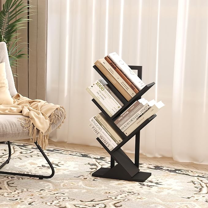 Yusong Tree Bookshelf, 5-Tier Small Bookcase with Metal Frame, Geometric Floor Standing Books Shelves Wooden Shelf for Office Desk Bedroom Tabletop Living Room Black