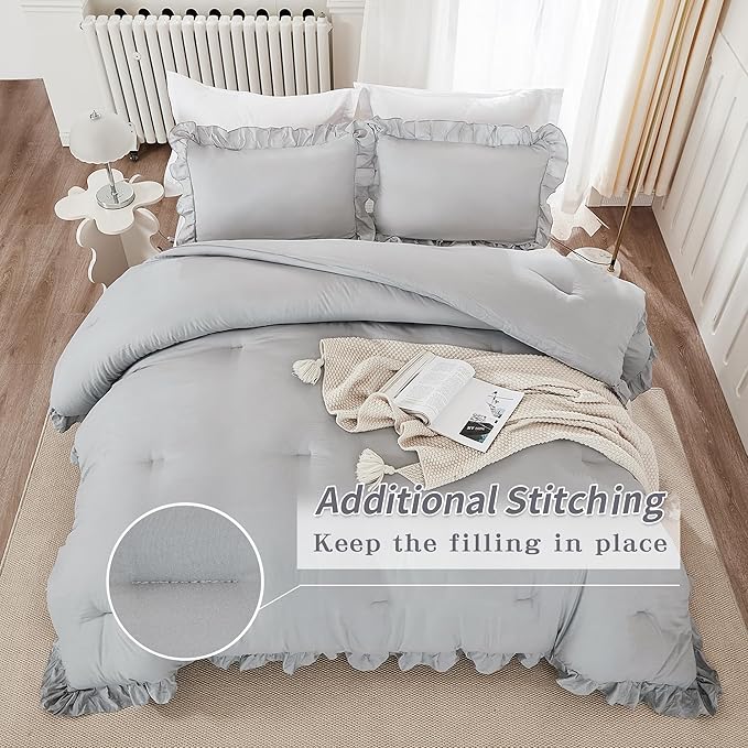 Andency Silver Gray Comforter Set King, 3 Pieces Farmhouse Shabby Chic Ruffle Comforter, Lightweight Fluffy Soft Microfiber All Season Solid Bed Comforter Set (1 Ruffle Comforter & 2 Pillowcases)