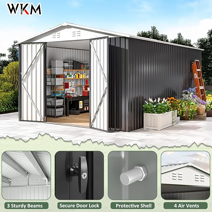 WKM 10x14 Outdoor Storage Shed, Garden Shed with Updated Frame Structure and Lockable Doors, Metal Tool Sheds for Backyard Garden Patio Lawn, White