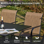VICLLAX 5 Pieces Patio Dining Set for 4, Outdoor Furniture Set Includes 40.7" Round Patio Table and 4 Patio Stackable Chairs, Black Tabletop and Brown Fabric
