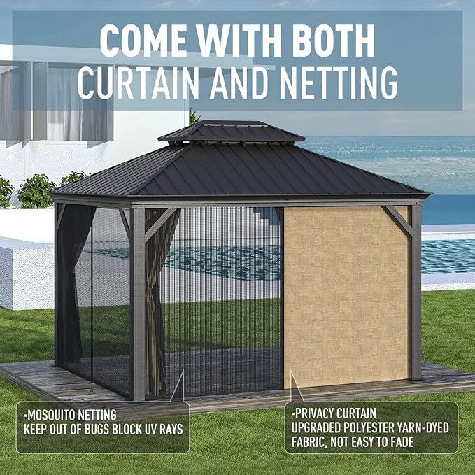 Gazebo 10' x 12' with Mosquito Net and Privacy Sidewalls, Patio Aluminum Permanent Gazebo, All Weatherproof Outdoor Hardtop Metal Gazebos，for Patio, Garden, Parties, Backyard,Lawn.