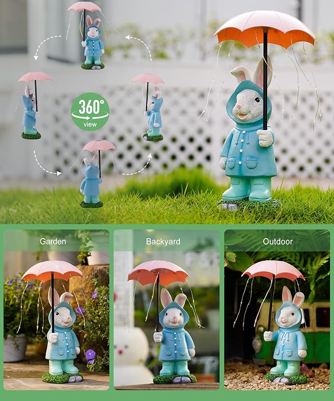 Solar Rabbit Garden Statue Outdoor Decor, Bunny Figurines Lights with Umbrella for Outside Yard Lawn Ornaments,Gifts for Mother's Day Birthday Easter Housewarming