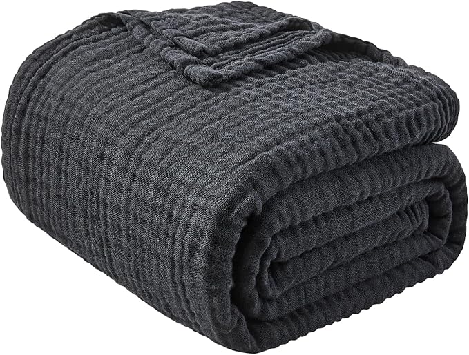 EMME Cotton Muslin Large Throw Blanket Couch Breathable Gauze Blanket Soft Lightweight Bed Blankets Adults (Black, 50"x70")