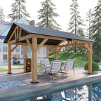 AMERLIFE 13x15 ft Spruce Wood Gazebo, Outdoor Gazebo with Bar Storage, Hardtop Wooden Paviloin with Metal Steel Gable Roof, Patio, Garage, Black + Natural Wood