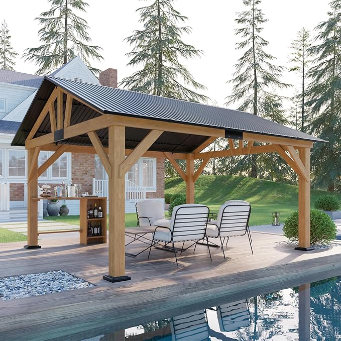 AMERLIFE 13x15 ft Spruce Wood Gazebo, Outdoor Gazebo with Bar Storage, Hardtop Wooden Paviloin with Metal Steel Gable Roof, Patio, Garage, Black + Natural Wood