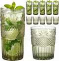 Green Drinking Glasses Set of 12, 12 Oz Highball & 10 Oz Cocktail Glasses, Green Kitchen Vintage Glassware Set, Floral Embossed Glass Tumbler Cups for Beer, Juice, Whiskey, Coffee(Pineapple)