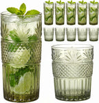 Green Drinking Glasses Set of 12, 12 Oz Highball & 10 Oz Cocktail Glasses, Green Kitchen Vintage Glassware Set, Floral Embossed Glass Tumbler Cups for Beer, Juice, Whiskey, Coffee(Pineapple)