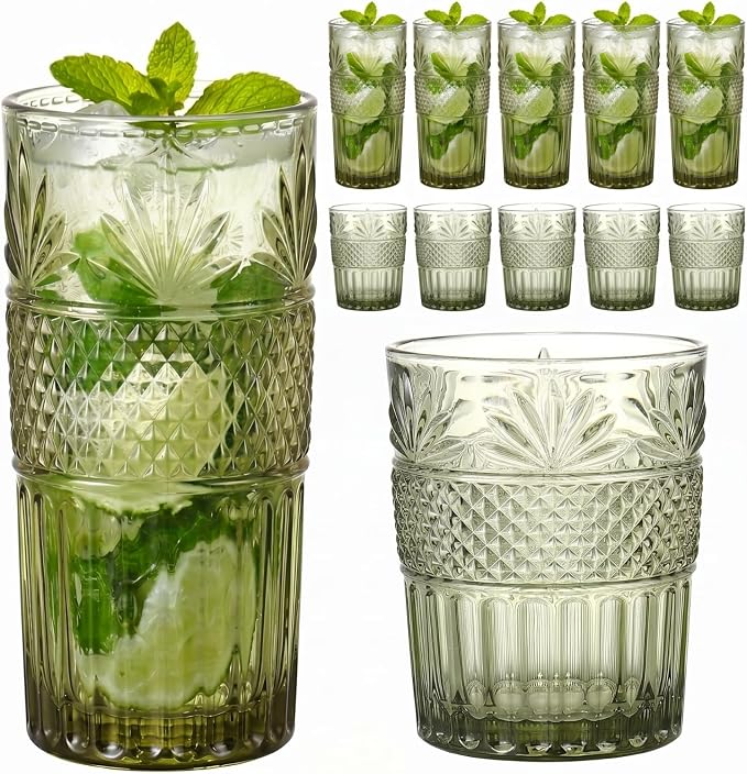 Green Drinking Glasses Set of 12, 12 Oz Highball & 10 Oz Cocktail Glasses, Green Kitchen Vintage Glassware Set, Floral Embossed Glass Tumbler Cups for Beer, Juice, Whiskey, Coffee(Pineapple)