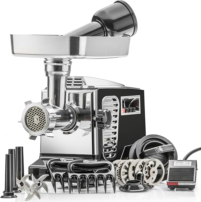 STX International Turboforce II 4000 Electric Meat Grinder | Grinds Soft Bones | Foot Pedal | 6 Grinding Plates | Stainless Steel Blades | Sausage Tubes | Kubbe Maker | Meat Claws | Patty Press & More