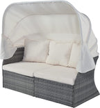 Rectangle Furniture Daybed Sunbed with Retractable Canopy, Outdoor Wicker Conversation Set with Cushions for Patio, Backyard, Porch, Garden, Hc-Beige