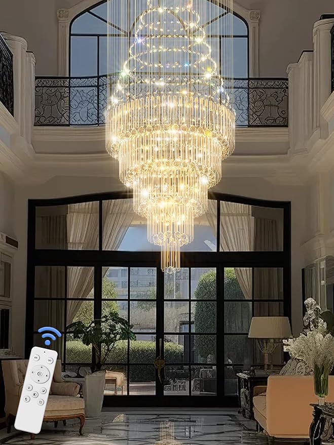 Flashing God 40''X90 Large Crystal Chandelier for High Ceiling Modern Crystal Raindrop Chandeliers Lighting Round Ceiling Light Entryway Staircase Foyer Villa LED Dimmable 2700-6000K