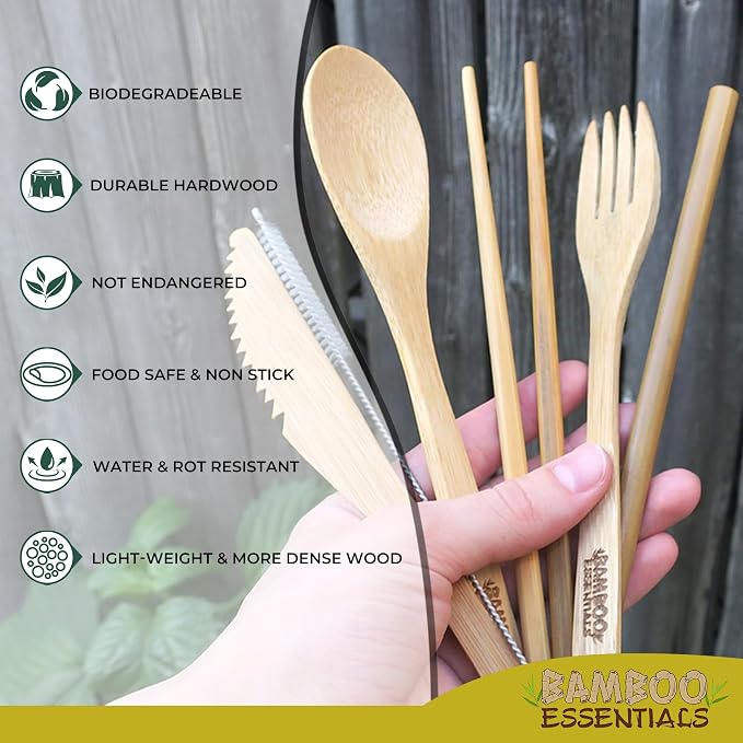 Travel Utensils with Case Set Fork, Knife, Spoon, Chopsticks, Straw, Straw-cleaning brush, Travel Pouch and Carabiner, Excellent For Everyday Use! ((2 Sets) Midnight Black/Sunrise Yellow)