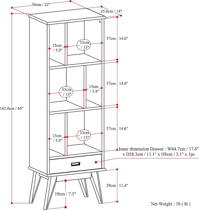 SIMPLIHOME Draper SOLID HARDWOOD 64 inch x 22 inch Mid Century Modern Bookcase and Storage Unit in White for The Living Room, Study Room and Office