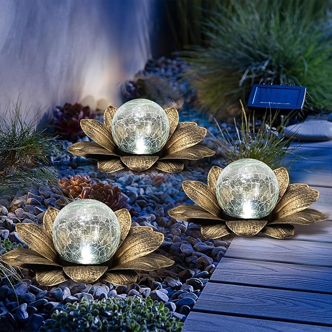 LEWIS&WAYNE Solar Garden Lights Outdoor, 3 Pcs Coppery Lotus Flower Pathway Lamps with Cool White Crackle Glass Globe Led Lights for Patio Pathway Yard Balcony Garden Decorations