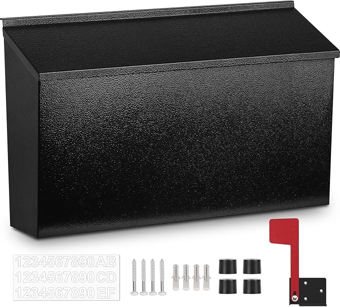 KYODOLED Wall Mount Mailboxes for Outside with Flag and Number Stickers, Galvanized Steel Rust-Proof Metal Post Box, Large Capacity Mail Box for House,15.7"x9.9"x4.9" Black