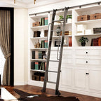 DIYHD 87" Rolling Library Ladder with Handrail, 4FT Sliding Rail, Black | 7-Step lightweight ladder with space-saving upright storage, Telescopic top hooks, Locking bottom rollers, 300lbs capacity