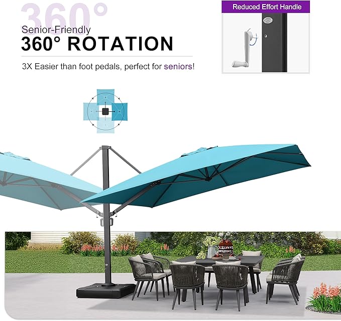 PURPLE LEAF 12 FT Square Patio Umbrella Large Outdoor Aluminum Offset Umbrella with 360-degree Rotation Cantilever Umbrella for Garden Deck Backyard Pool, Turquiose Blue