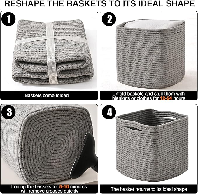11 Inch Cube Storage Bins, Storage Cube Organizer Bins, Woven Cotton Rope Basket for Storage, Storage Baskets for Organizing Shelves, Grey Baskets for Toys Nursery, Grey (Pack of 3)