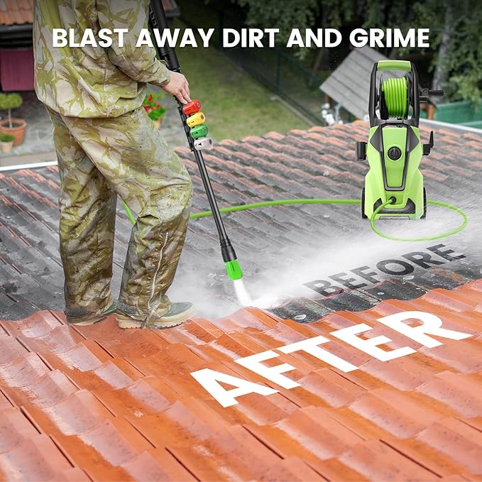 Electric Pressure Washer Adjustable 5000PSI 4.0 GPM Power Washers Electric Powered with 33ft Hose Reel, 4 Nozzle and Foam Cannon, Powerwashers Cleaner Machine for Home, Cars, Patio, Green