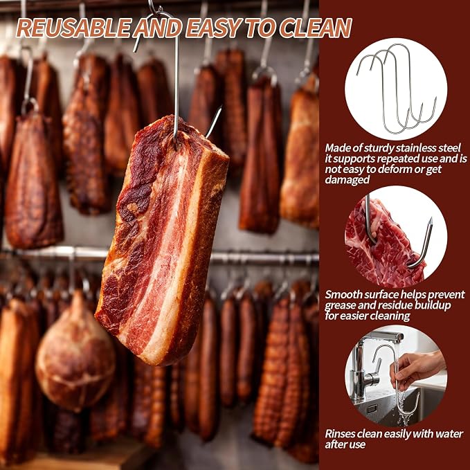 Meat Hooks, 5.12in Stainless Steel Butcher Hooks, Sausage Pricker for Smoker, Drying, Butchering, BBQ, Grilling (20PCS)