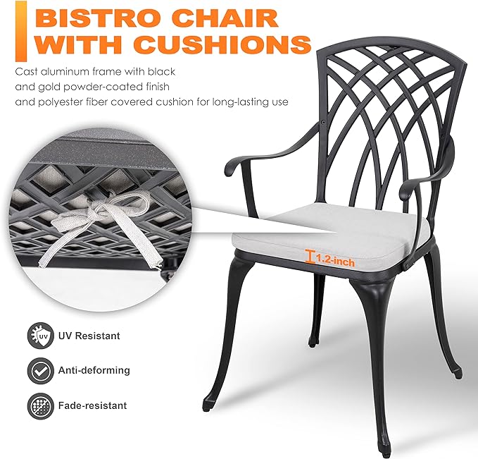 NUU GARDEN Bistro Set 3 Piece Outdoor All Weather Cast Aluminum Patio Bistro Set Patio Table and Chairs Set of 2 with Umbrella Hole and Grey Cushions for Backyard, Balcony, Lawn, Black