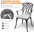 NUU GARDEN Bistro Set 3 Piece Outdoor All Weather Cast Aluminum Patio Bistro Set Patio Table and Chairs Set of 2 with Umbrella Hole and Grey Cushions for Backyard, Balcony, Lawn, Black