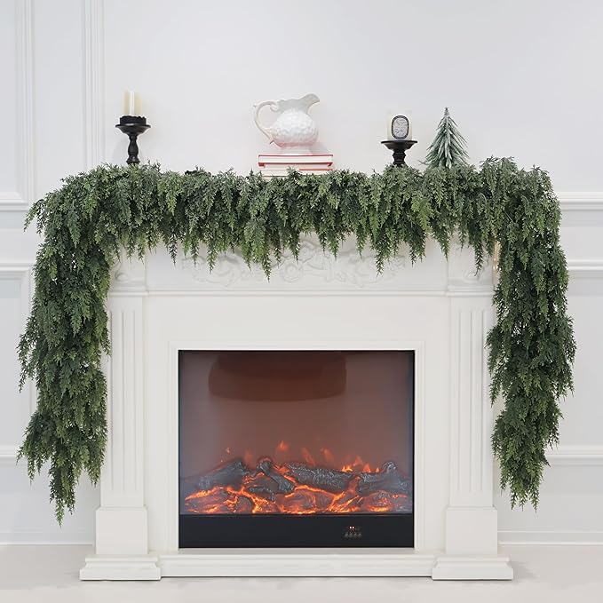 2Pcs 9FT Christmas Cedar Garland Artificial Real Touch Thickness Realistic Greenery Pine Garland for Mantle Fireplace Outdoor Indoor Christmas Decorations