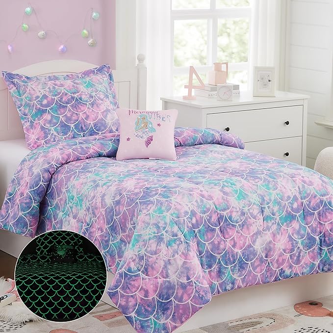 KALEIDOSPACE Pink Comforter Twin for Kids, Glow in The Dark Mermaid Bedding Sets with Decor Pillow, 3 Pieces Girls Bed Set