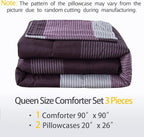 Andency Stripe Comforter Set Queen Size (90x90 Inch), 3 Pieces Purple and Gray Patchwork Striped Comforter, Soft Microfiber Down Alternative Comforter Bedding Set with Corner Loops