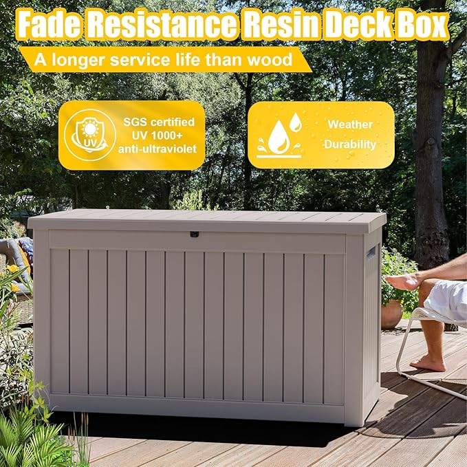 XXL 230 Gallon Large Resin Deck Box, Lockable Outdoor Storage Box for Patio Cushions Storage Furniture,Garden Tools, Pool Supplies, Weatherproof and UV Resistant- Grey (230 Gallon)